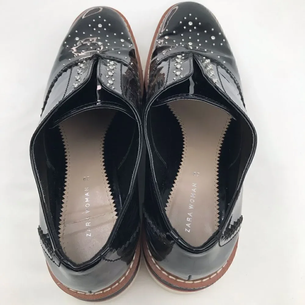 Zara Woman Black Patent Leather Silver Studded Platform Oxford Sneakers